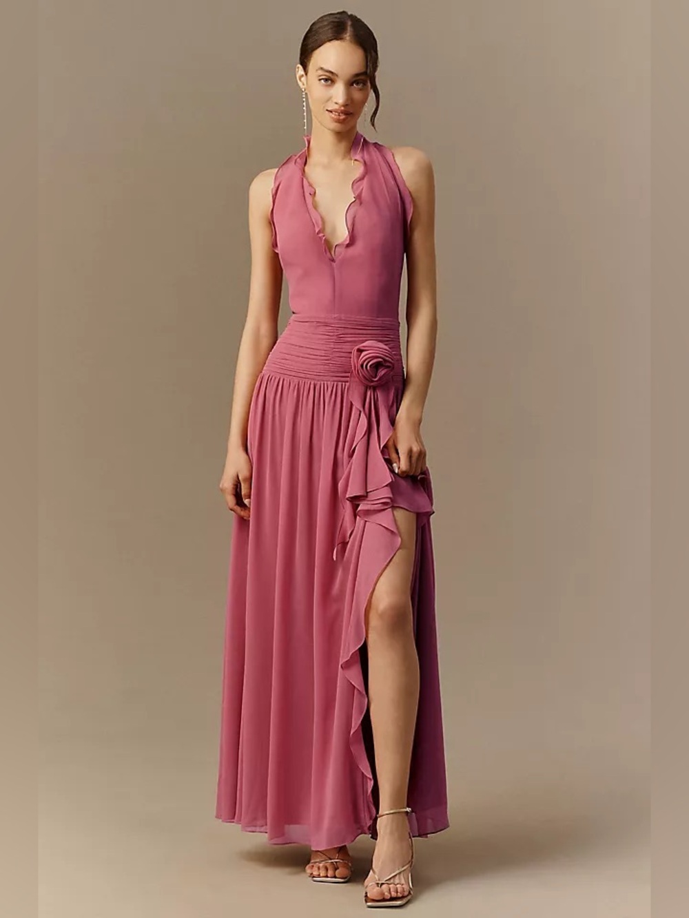 BHLDN Plunge Halter-Neck Chiffon Maxi Dress Size 4
